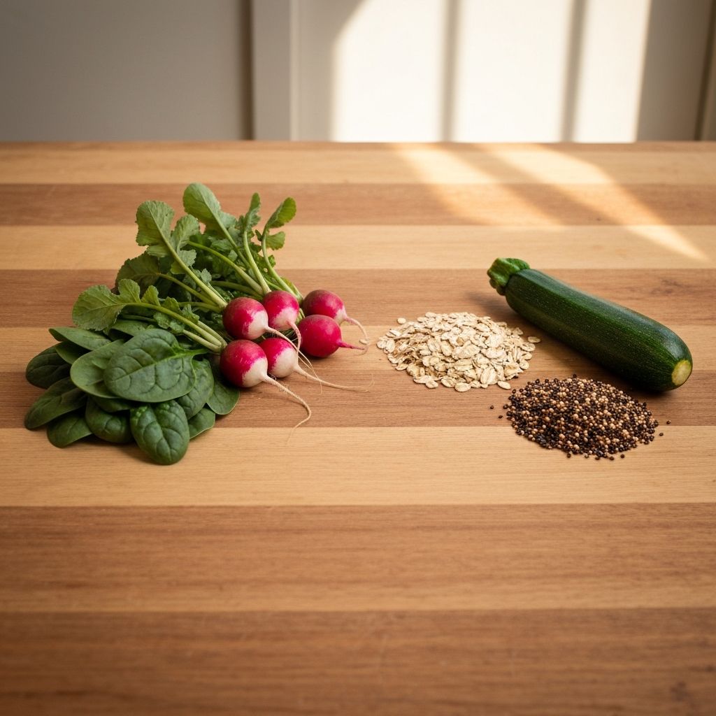 Свежо поврће, плодови и цели зрнаастак на природном дрвеном столу